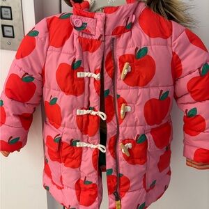 Boden Girls Pink Apple Print Puffer Jacket